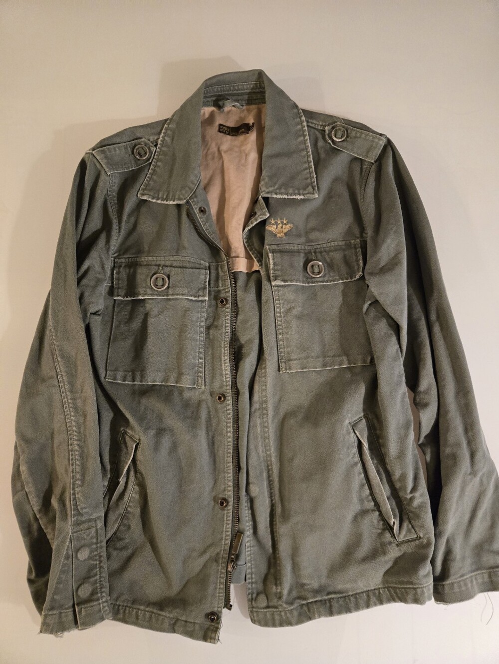 Industry Military Utility Jacket Olive Distressed Eagle Embroidery S